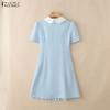 ZANZEA Women Splice Collar Casual Short Sleeve Elegant Pleated Dress