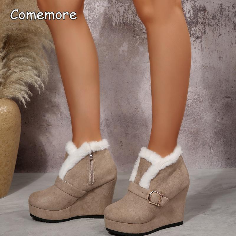 Fashion Metal Buckle Suede Wedge Heel Snow Boots Women Winter Round Toe Super High Heel Ankle Boots Warm Faux Fur Thick Bottom Shoes
