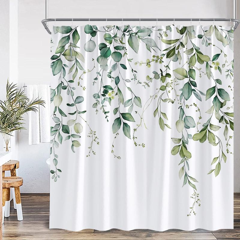Eucalyptus Leaves Shower Curtains Autumn Brown Leaf Watercolour Plants Modern Bath Curtain Polyester Fabric Home Bathroom Decor