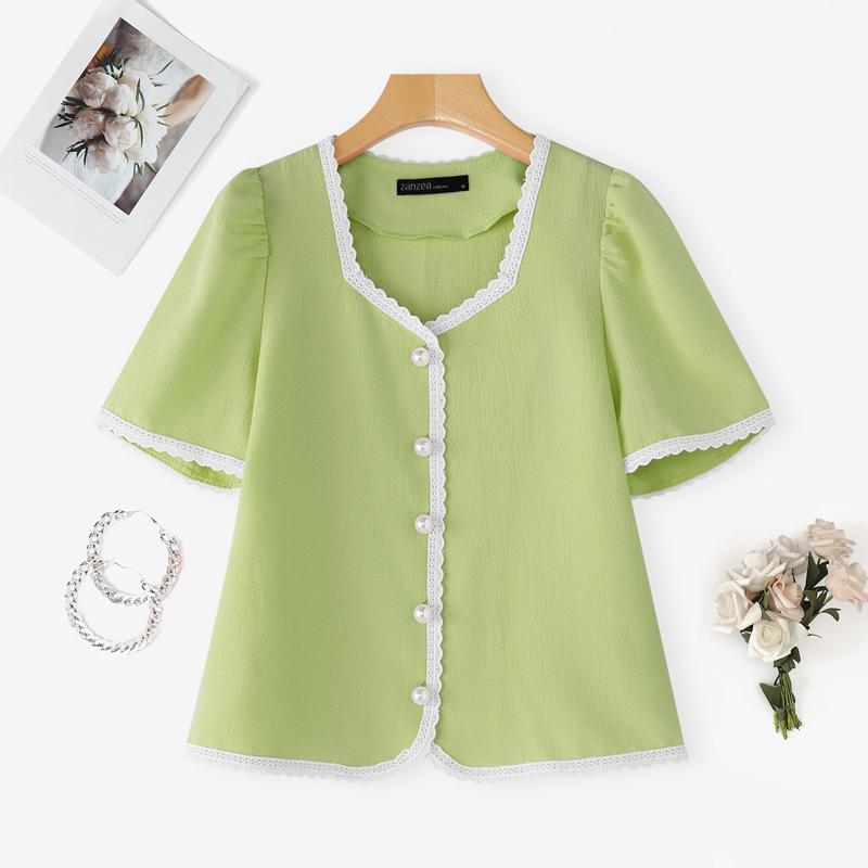 ZANZEA Women Casual Square Neck Summer Short Sleeve Splice Blouse
