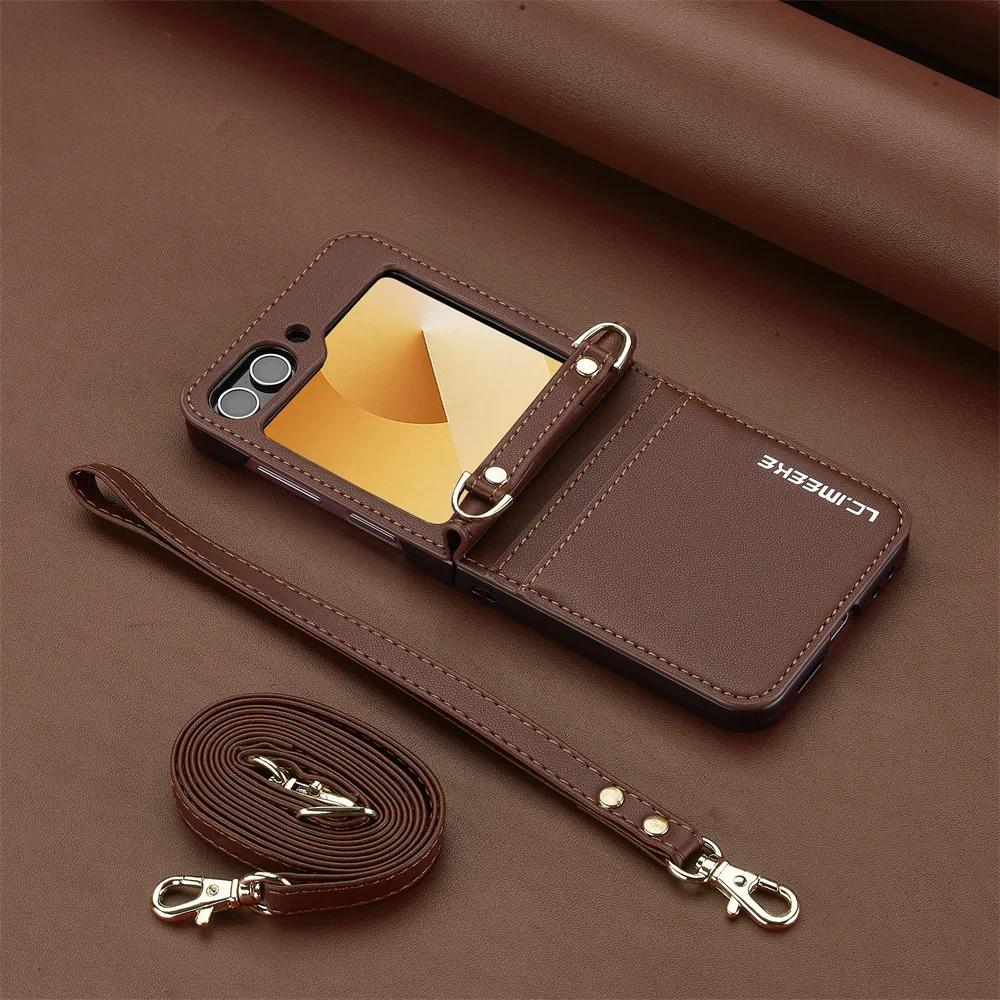 Crossbody Wallet Case For Samsung Galaxy Z Flip 6 5 4 3 Flip6 Flip5 Flip4 Flip3 5G Card Holder Hand Strap Lanyard Leather Cover