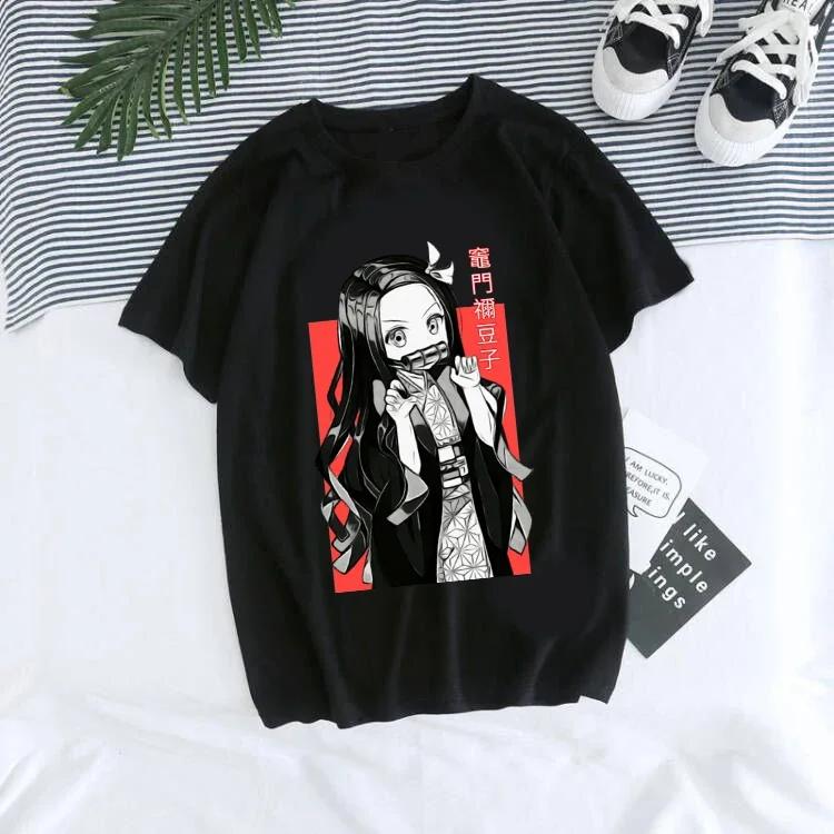 Women T-shirt Kaus Grafis Anime Demon Slayer Uniseks Tanjirou Kamado Kaus Wanita Kimetsu No Yaiba Nezuko Kaus Wanita