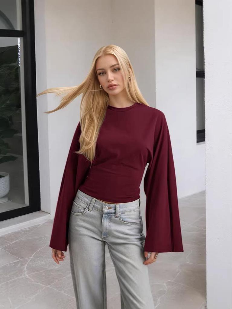 2025 European & American Women's Solid Color Cinched Waist Round Neck Wide Sleeve Top
