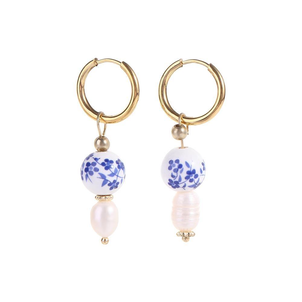 Vintage Blue and White Porcelain Earrings Wave Point Elegant Elegant Geometric Earrings Electroplating Geometric