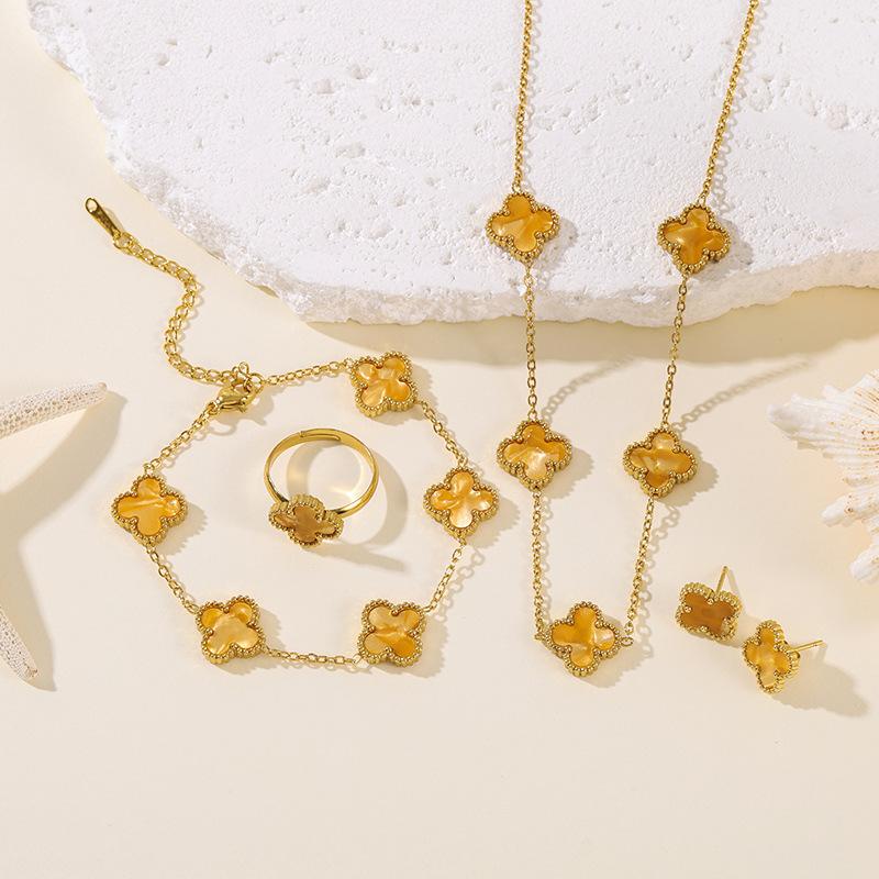 4pcs Four-Leaf Clover Four-Piece Set Including Necklace, Bracelet, Earrings and Ring, Versatile Lucky Five-Petal Fashion Jewelry