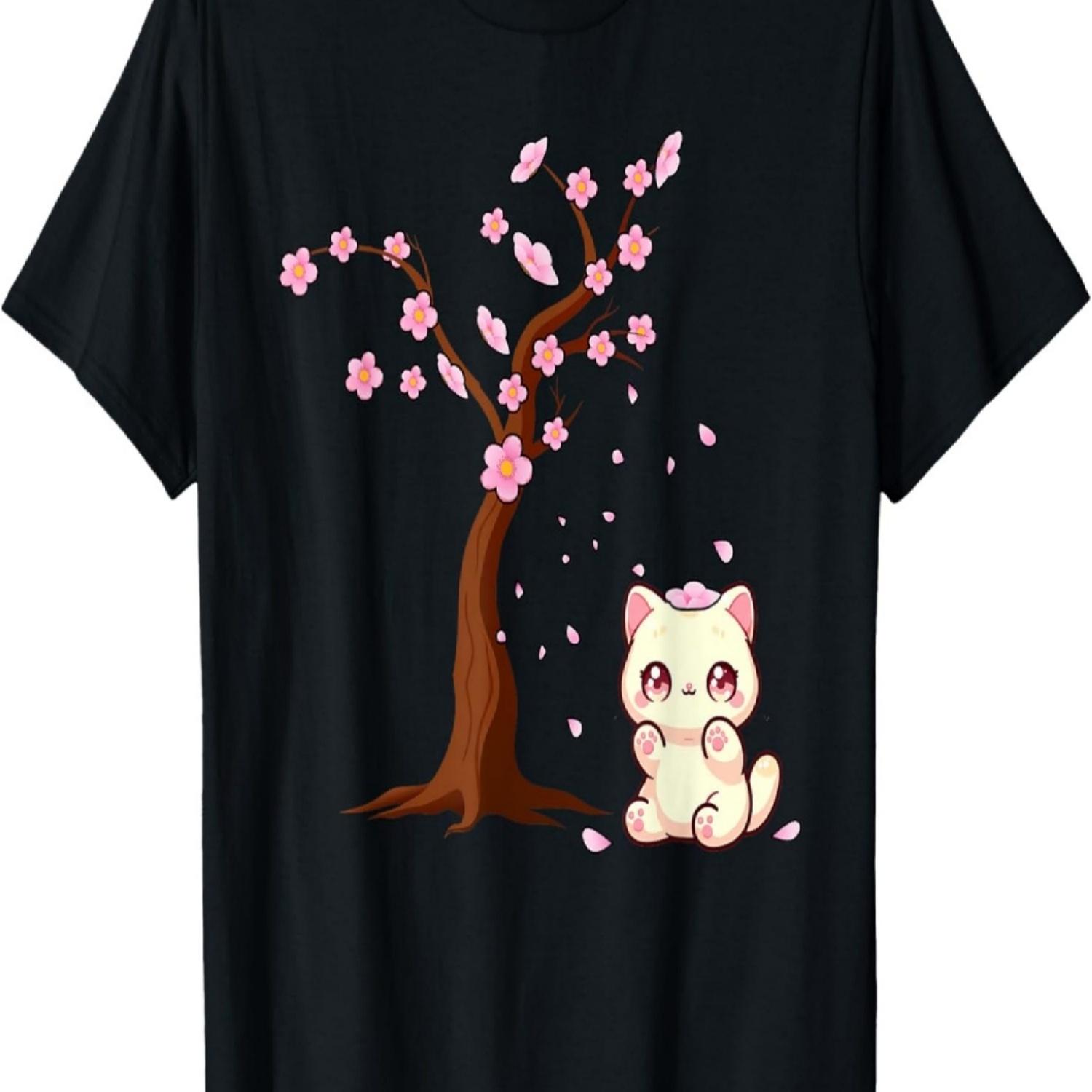 Kawaii Cat Lover Cat Owner Cherry Blossom Flowers T-Shirt S