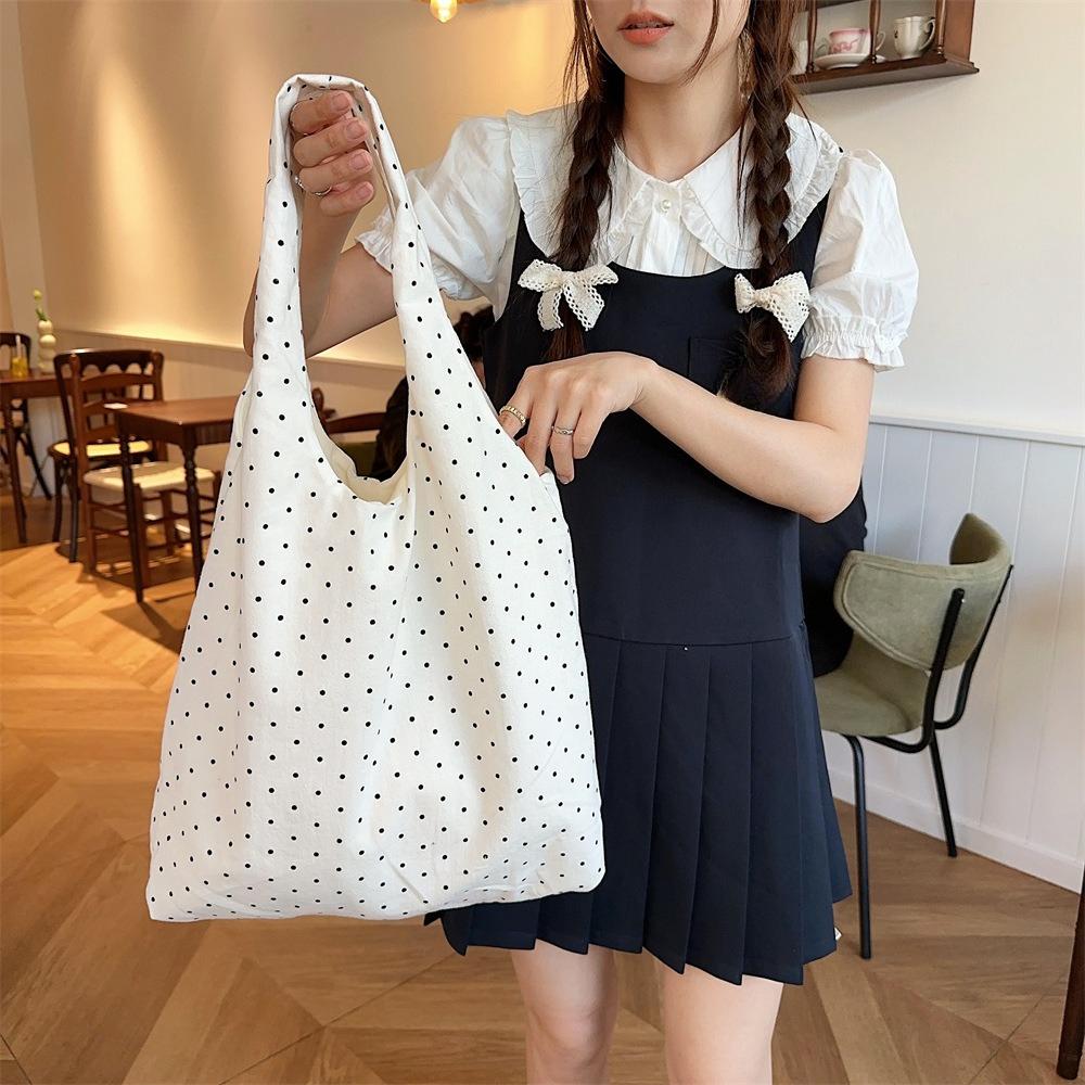 Women Canvas Shoulder Bag Simple Dots Large Capacity Tote Handbag Casual Crossbody Travel Shopper