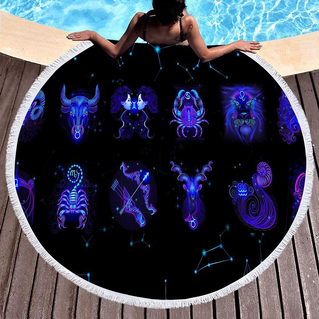 12 Constellation Round Beach Towel, Soft Microfiber Mystery Universe Galaxy Beach Towel Absorbent Towel for Travel Pool Picnic