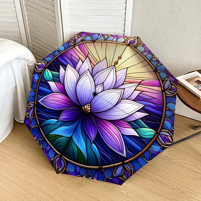 1pc Stained Glass Lotus Mandala Umbrella with Plastic Handle,Suitable for All Seasons Home Travel Outdoor UmbrellaDD1114