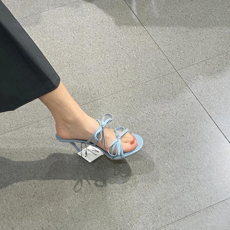 Bow Stiletto Sandals Women's 24 New Versatile Blue White Temperament One-and-a-half Drag French Open-toed High Heels