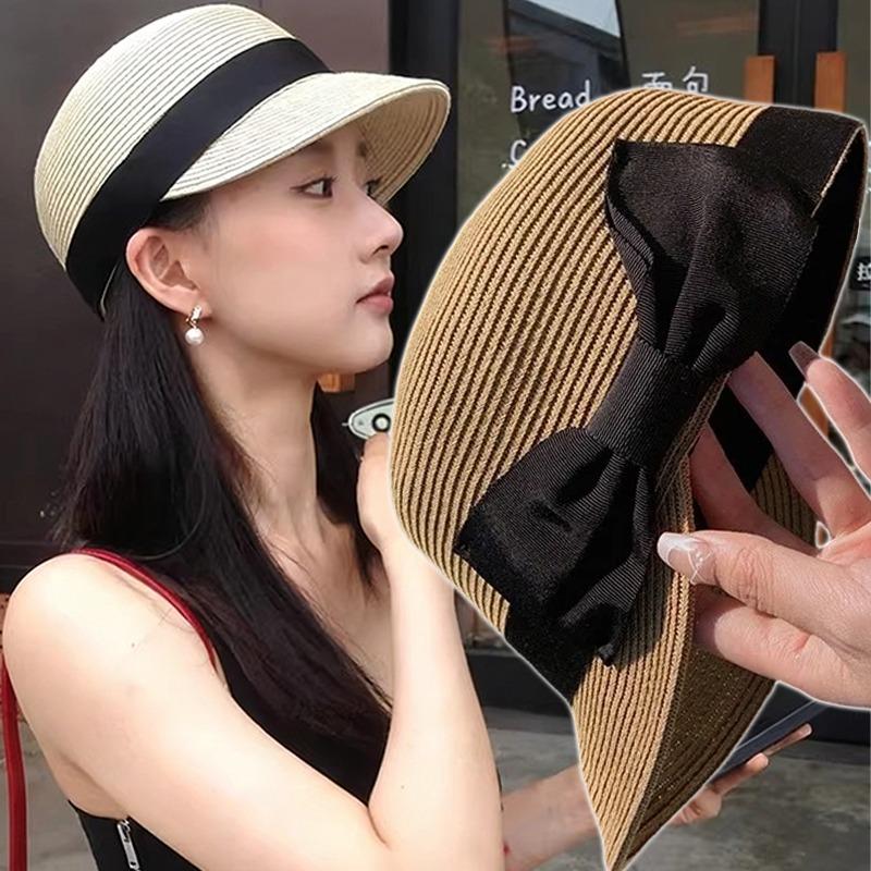 2026 Koreanische Ins Sonnenhüte für Damen Sommer Strohbreite Krempe Schleife Reithut Outdoor-Reise UV-Schutz Visier Snapback-Kappe