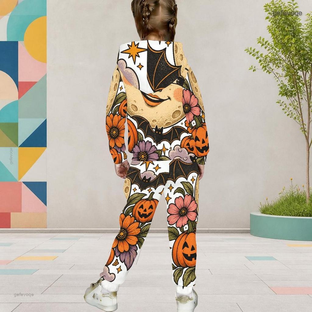Girls Hooded Long Sleeve Possum Pumpkin Halloween Printed Two Piece Set Kangaroo Pocket Cuffed Pants