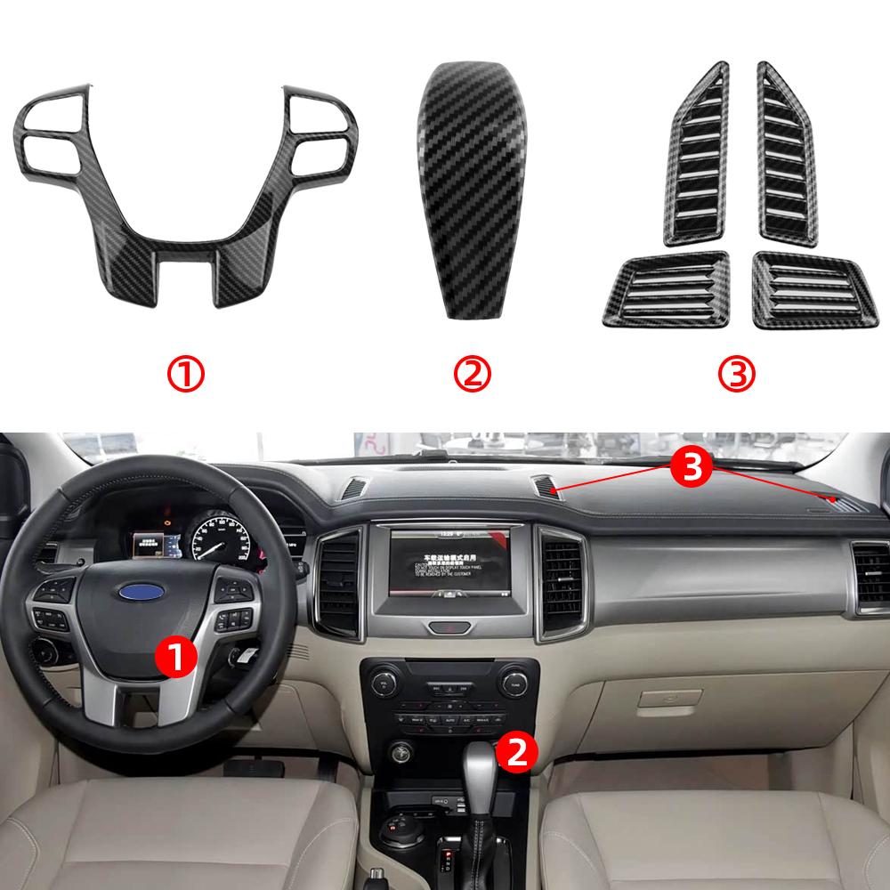 Car Steering Wheel Button Panel Gear Shift Knob AC Outlet Cover Trim Sticker for Ford Everest 2015-2019 Ranger 15-17 Accessories