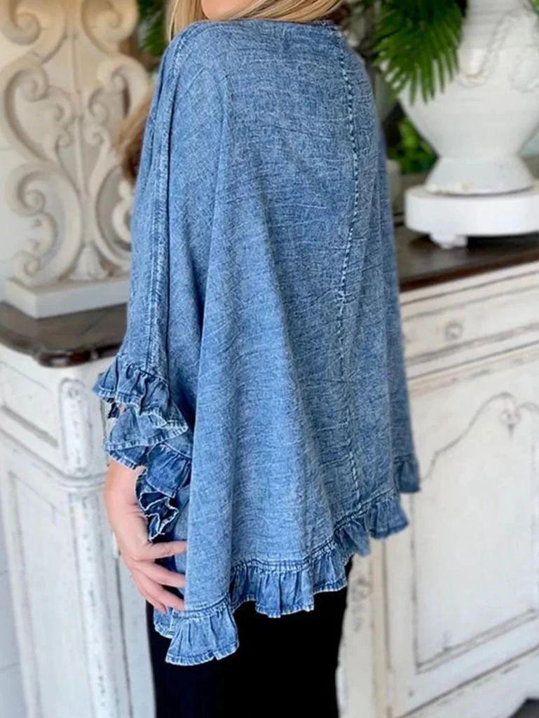 Giacca di Jeans Europea Autunnale con Volant - Cardigan a Sciarpa Versatile a Manica Media da Donna