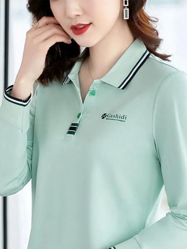Women's Plus Size Long Sleeve Lapel Polo Shirt - Casual Autumn Top for Middle-Aged Moms