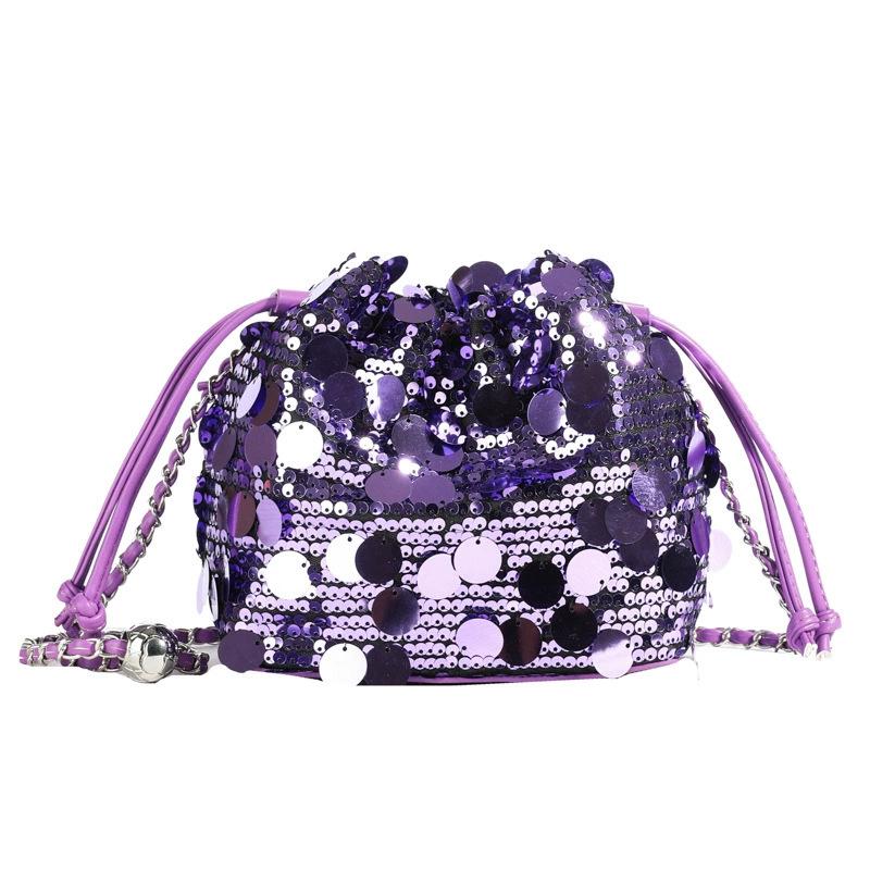 Vintage Elegant Women s Bucket Bag - Heavy Craftsmanship Tulle Embroidery Flower Sequin Chain Crossbody Bag лавандовый