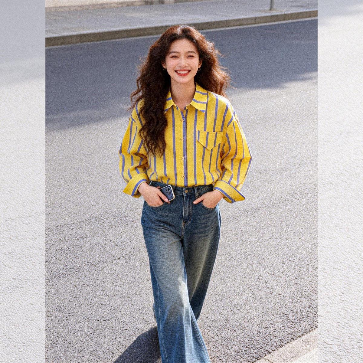 

New Arrivals: Stylish Spring/Autumn Casual Color Block Stripe Polo Cardigan. L жёлтый