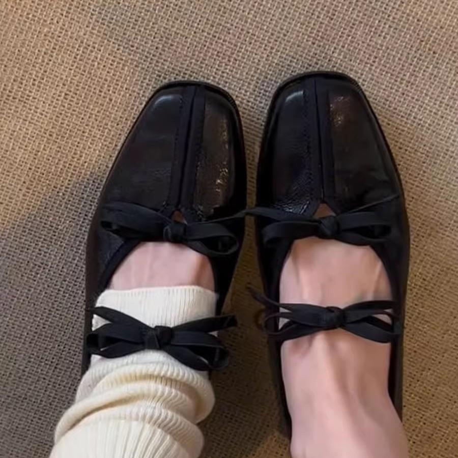Soft leather version~ Square head retro bow Mary Jane shoes women's shallow mouth one pedal low heel French ballet style single shoes
