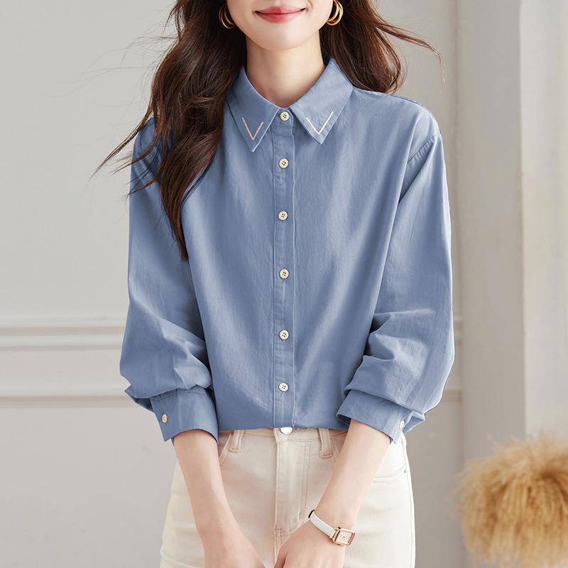 

Воротник Ручная вышивка Универсальная рубашка Женская осенняя одежда Премиальная однотонная Свободная рубашка с длинным рукавом Куртка Женская XXL