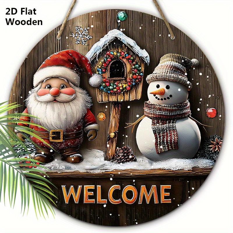 Christmas Wooden Welcome Sign with Santa Claus & Snowman Pattern - Navidad Round Sign for Front Door, Wall Hanging Decor - Ideal Christmas Gift