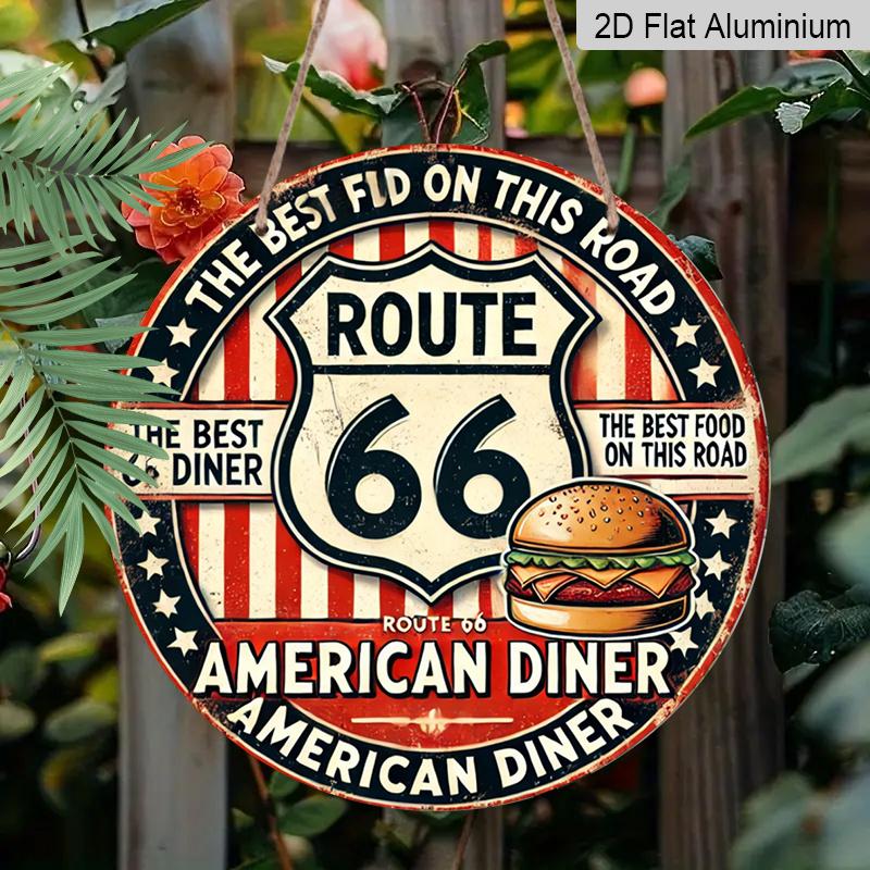 2D Flat 1pc, 8x8 in, Vintage Route 66 Metal Sign - Durable Aluminum, American Retro Diner Decor with Classic Hamburger Design, Ideal for Home