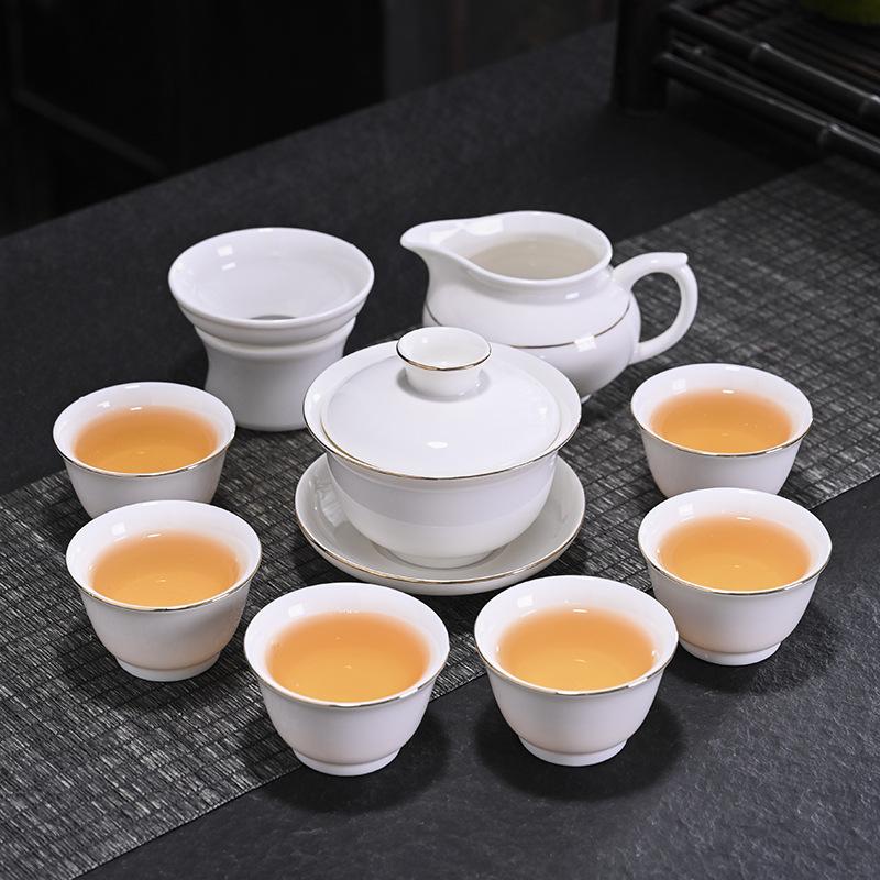 Dehua Suet Jade White Porcelain Tea Set, Cover Bowl Gift Gift Box Can Be Printed with Guochaofeng Business Gifts.