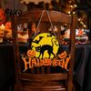 Retro Moon Wall Ornament Halloween Wood Door Hanger Sign, Pumpkin And Black Cat Printed, with Hemp Decorative Entryway Hanging Board Rope