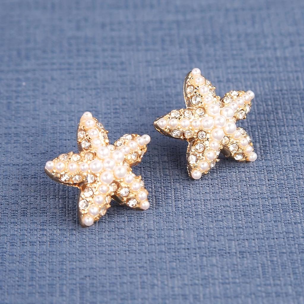 Starfish Shape Stud Earrings with Imitation Pearls and Rhinestones Gold Plated Metal Base Elegant Ocean Inspired Jewelry for Women