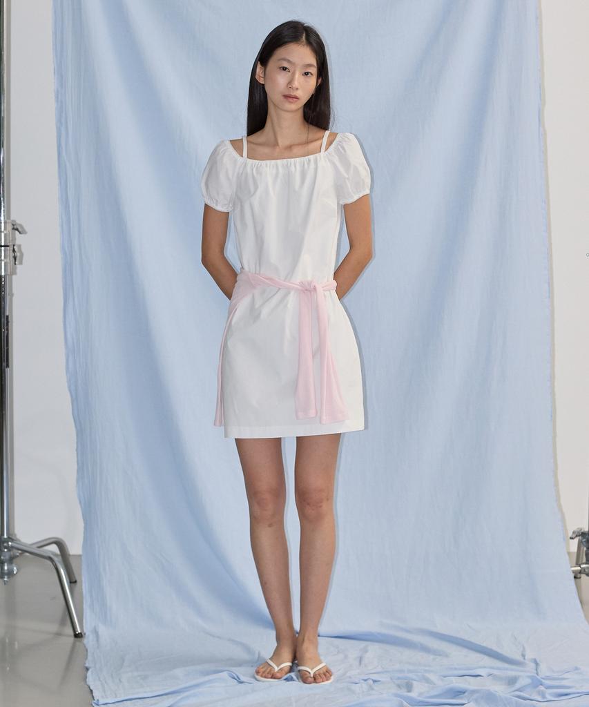 City Breeze Square Neck Off-Shoulder Short Sleeve Dress_White