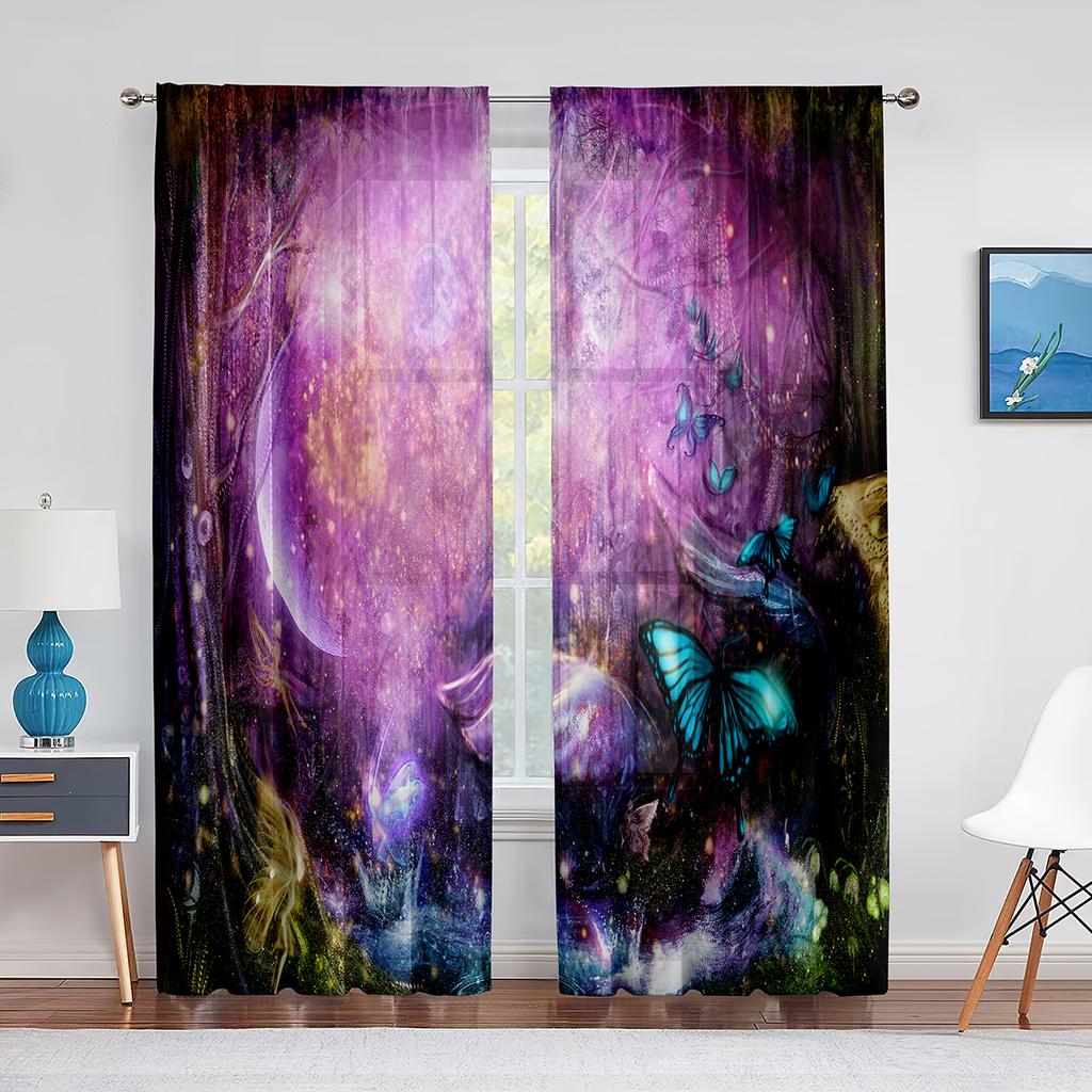 Fantazyjny Czarodziejski Zielony Las Przezroczysty Woalowy Zasłona Grzybowo-Kwiatowy Tiulowe Zasłony Okienne do Dekoracji Salonu Sypialni Kuchni