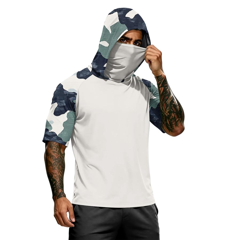Camiseta con Capucha de Manga Corta para Hombre Casual Estampado de Camuflaje Manga Raglán Pulóver Top Ligero para Deportes al Aire Libre