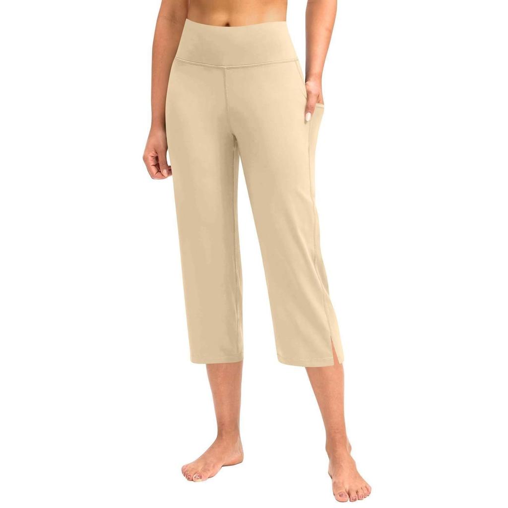Kvinner Elastisk Høy Midje 3/4 Bukse Casual Aktiv Passform Vide Capri Leggings Bukser Bukser Med Lommer