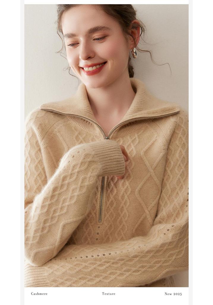 Thick Cable Knit Cashmere Half-Zip Lapel Sweater - Women's Polo Neck Base Layer, Autumn/Winter Korean Style.
