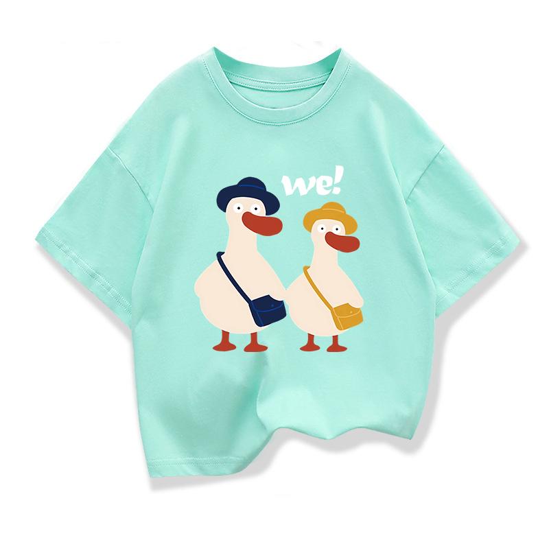 Two Ducks Original Design Summer Children Clothing Kids Short Sleeve T Shirts Boys Girls Casual Loose Tee Pure Cotton Tops