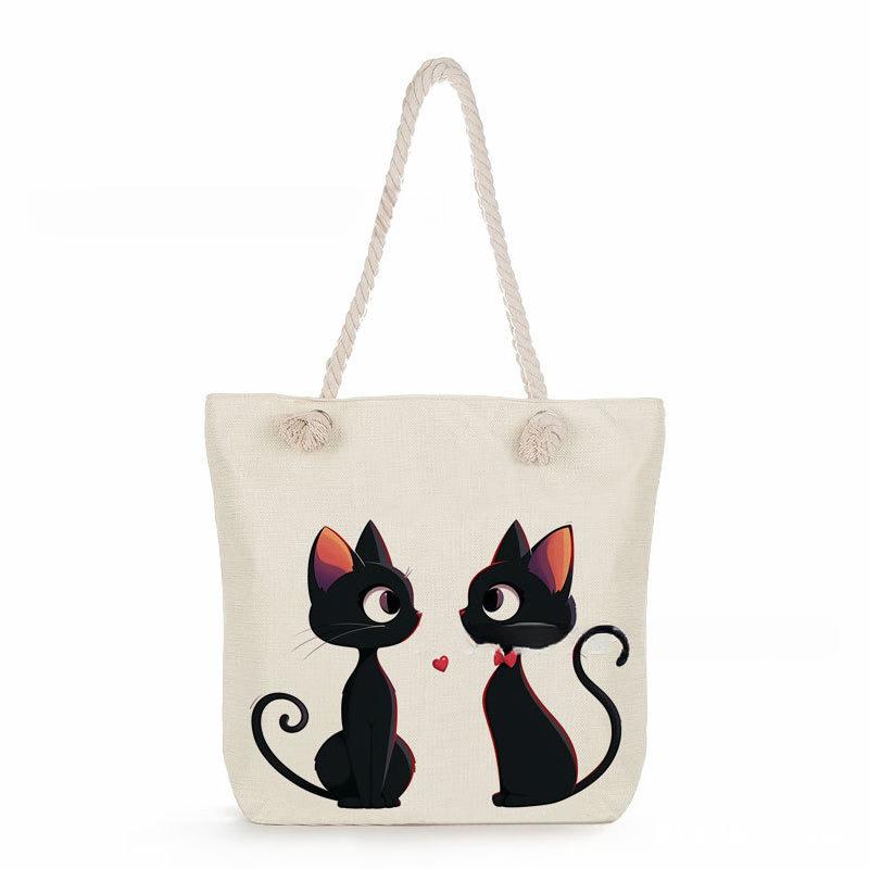 Black cat print thick rope single-shoulder beach bag 7364