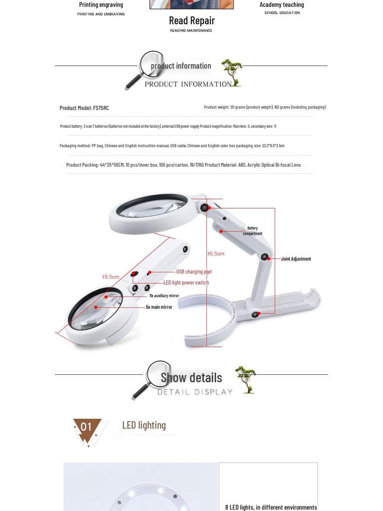 Faltbare LED-Lupe, 11x & 5x, Handheld/Tisch für Lesen, Reparatur und Schmuckbegutachtung