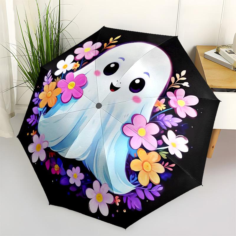 1pc Cute Ghost with Flowers Umbrella with Plastic Handle,Suitable for All Seasons UmbrellaPT585