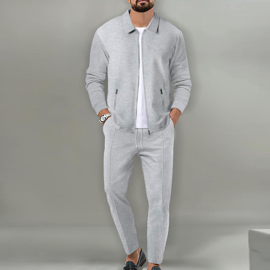 Men's Autumn Youth Waffle Zipper Pocket Flip Collar Slim Fit Cardigan Jacket Set