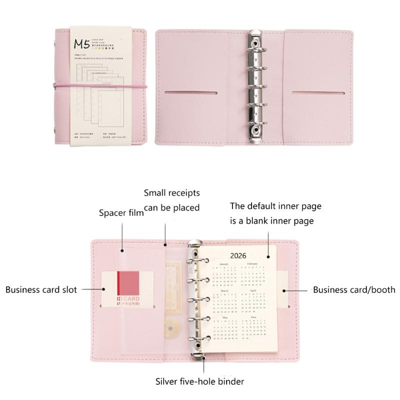 Nachfüllbares 5-Loch-Notizbuch mit 50 Blatt Nachfüllpapier 12,3x9,8CM Leder 5 Ringe Binderhüllen mit Innentasche