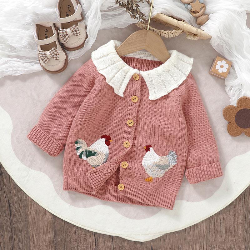 

Baby Girl Knit Cardigan Sweater Rooster Embroidery Doll Collar Knitwear Coat Toddler Fall Winter Clothes 74cm розовый