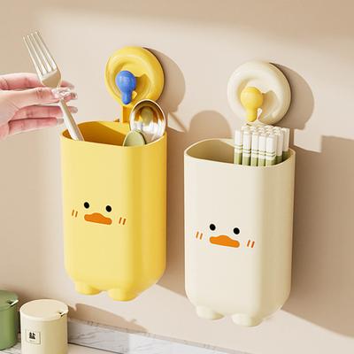 2Pcs Wall Mount Chopstick Holder Cup Space Saving with Suction Kitchen Chopsticks Spoons Utensil Storage Box