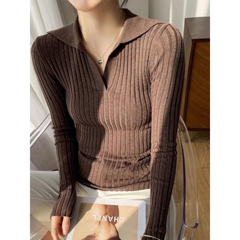 

Lapel bottom knitted sweater women s spring and autumn new inner sweater front shoulder lapel slim top one size fits all темно-коричневого