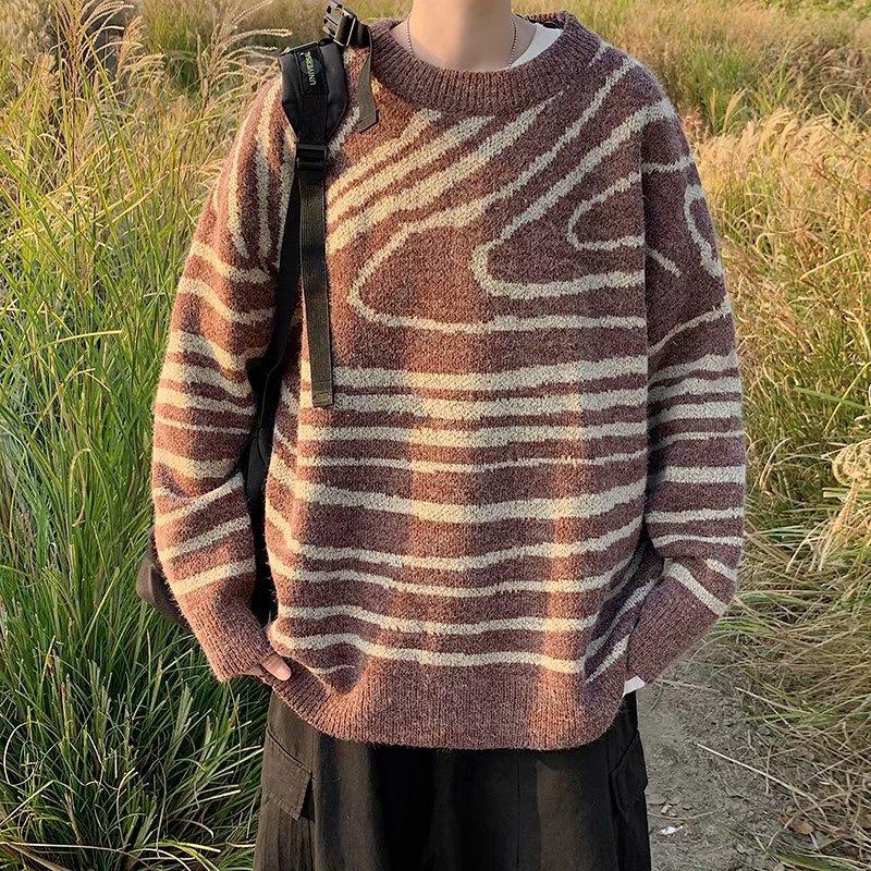 Sweater Men's Ins Color Matching Pattern Student Round Neck Sweater Loose Fashion Sweater Autumn and Winter