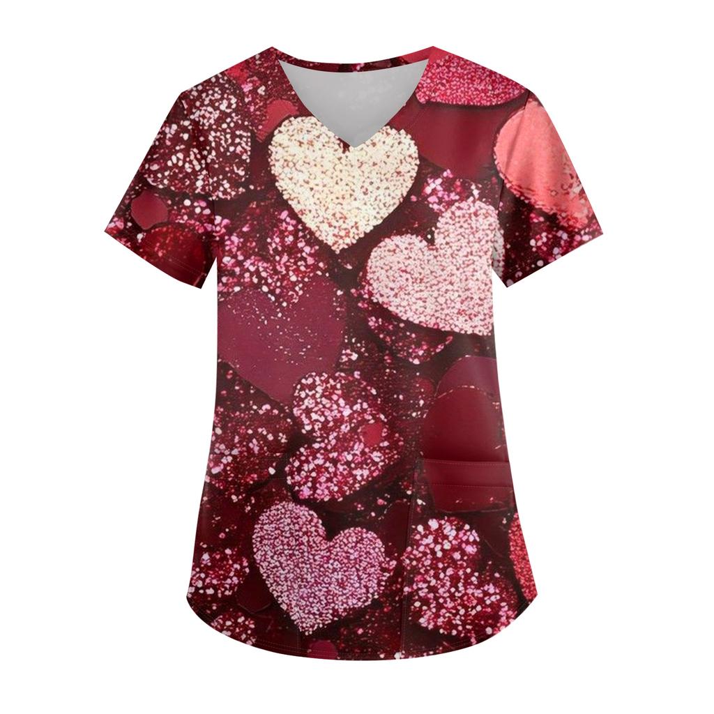 Damen Valentinstag Bedruckt Modisch V-Ausschnitt Tasche Kurzärmelig Uniform Und Pflegeroberteil