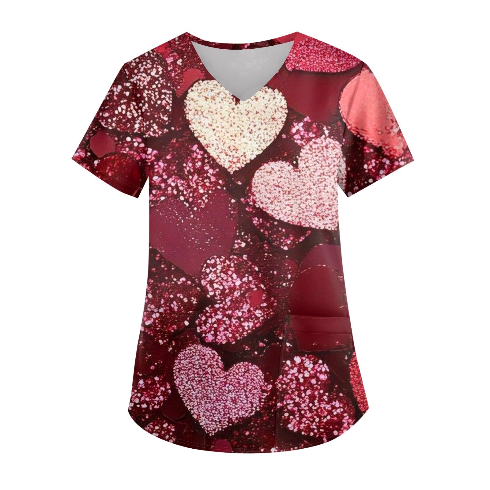 

Женская модная футболка с V-образным вырезом, карманом и короткими рукавами с принтом ко Дню святого Валентина, униформа и топ для воспитателя S винный