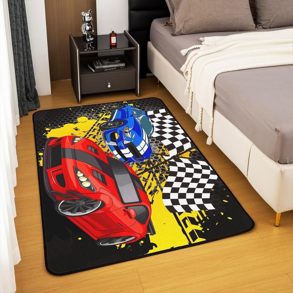 Racing Sports Car Rug, Checkered Flag Yellow Splash Print, Non-Slip Washable Soft Mat for Living Room Sofa Dining Room Indoor