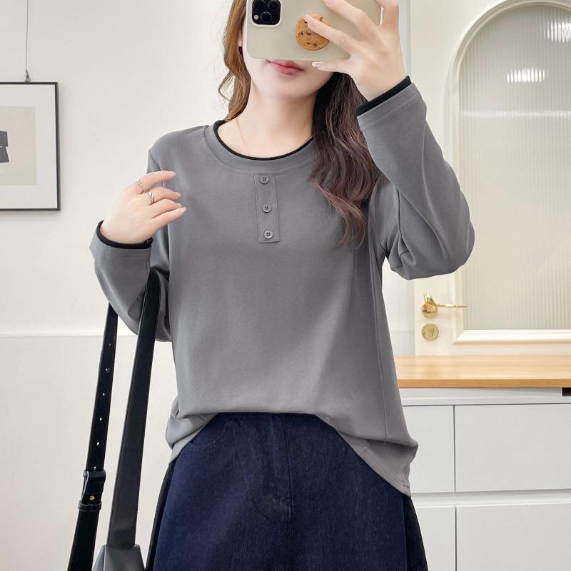 Women S Plus Size Long Sleeve Fake Two Piece Pullover Top Casual Slimming Base Shirt