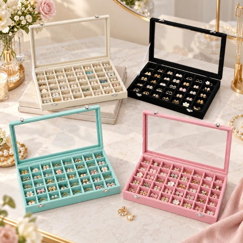 Soft-Lined Jewelry Storage Tray with 48 Sections, Adjustable Dividers, and Clear Cover for Dresser or Drawer Storage