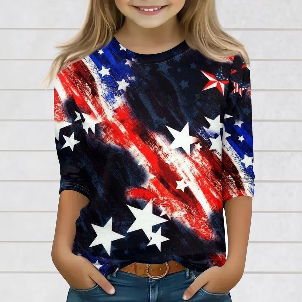 Print Tops For Youth Girls 3-10 Years Round Neck 3/4 Sleeves T-Shirts Trendy Tops Outfit Tees
