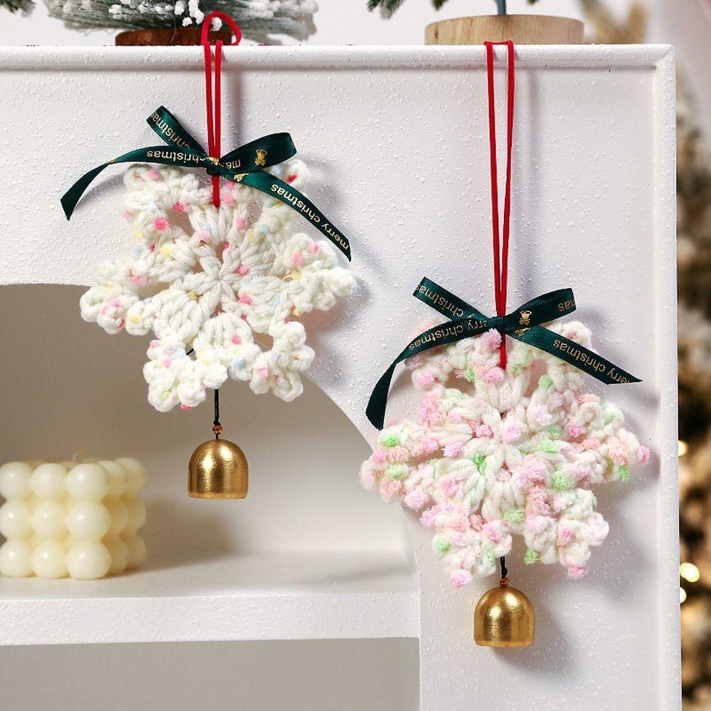 Hand-knitted Christmas Bell Pendant Creative 16cm Crochet Snowflake Pendant with Hanging Rope Ribbon Bow